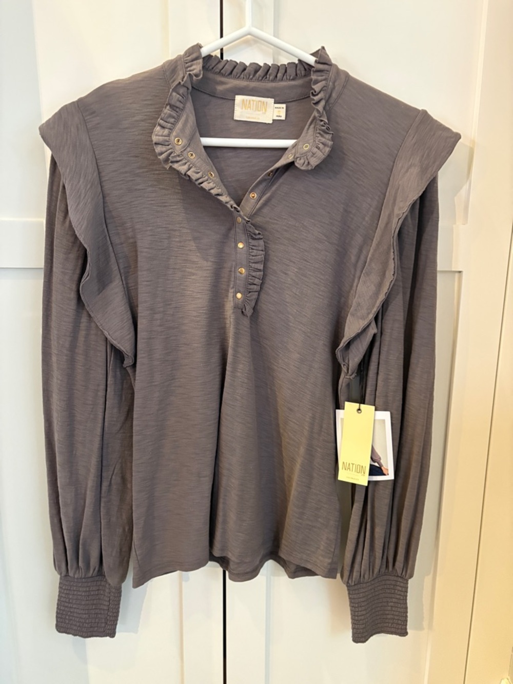 Nation LTD Heather Gray Ruffle Henley Long Sleeve Top